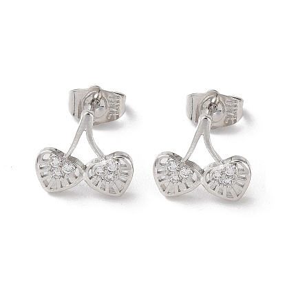 Brass Rhinestone Stud Earrings, Heart Cherry