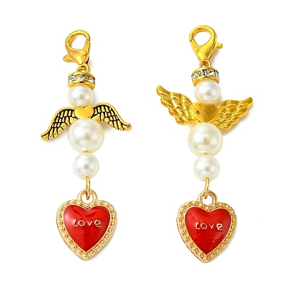 2Pcs Angel ABS Plastic Imitation Pearl Pendant Decorations, Alloy Enamel Heart with Word Love and Lobster Claw Clasps Charms for Bag Ornaments