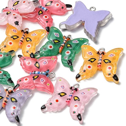 10Pcs 5 Colors Translucent Resin Pendants, with Platinum Tone Iron Loops, Butterfly Charms