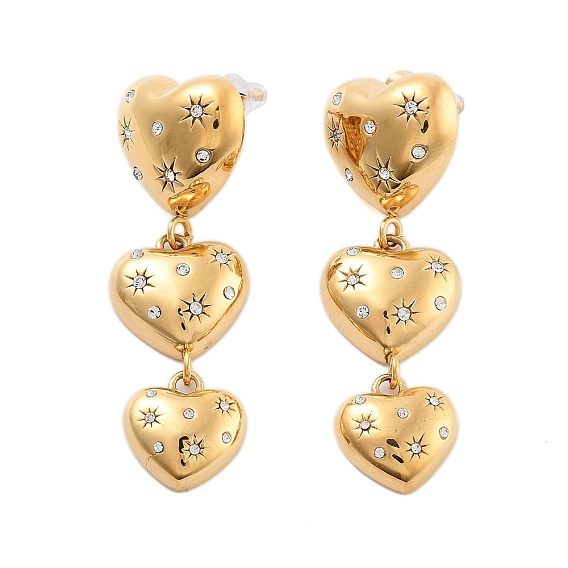 304 Серьги-гвоздики из нержавеющей стали с прозрачным фианитом и микропаве, сердце