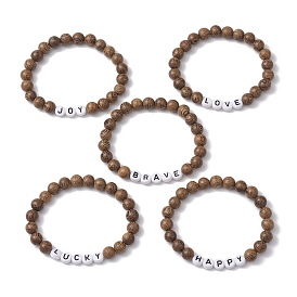 5Pcs 5 Styles Wooden Round Beaded Stretch Bracelet Sets, Acrylic Wood Beads Stackable Bracelets