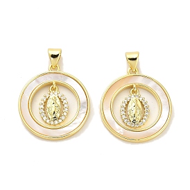 Brass Micro Pave Clear Cubic Zirconia Pendants, with Shell, Flat Round