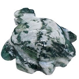 Natural Moss Agate Carved Turtle Figurines, for Home Office Desktop Decoration