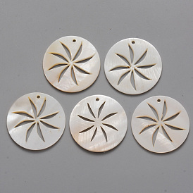 Natural Freshwater Shell Pendants, Flat Round with Hollow Windmill