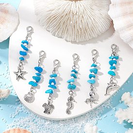 Подвесные украшения из сплава в тибетском стиле с морскими животными, с синтетической бирюзовой крошкой и стеклянными бусинами, застежками-лобстерами