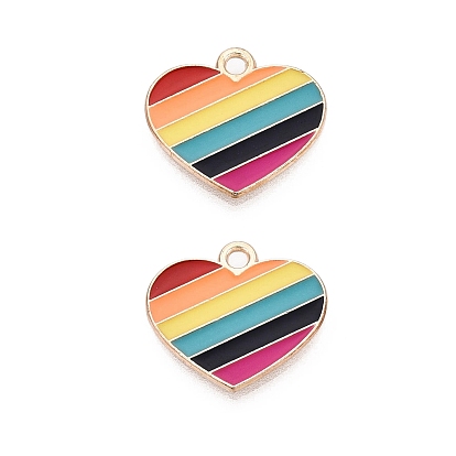 Rainbow Color Pride Alloy Enamel Pendants, Heart Charms, Light Gold