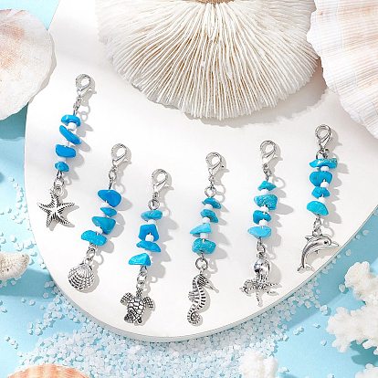 Подвесные украшения из сплава в тибетском стиле с морскими животными, с синтетической бирюзовой крошкой и стеклянными бусинами, застежками-лобстерами