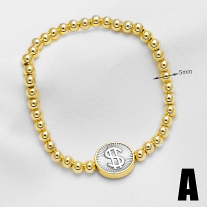 Duo Tone Brass Flat Round and Round Beaded Stretch Bracelets, Platinum & Golden