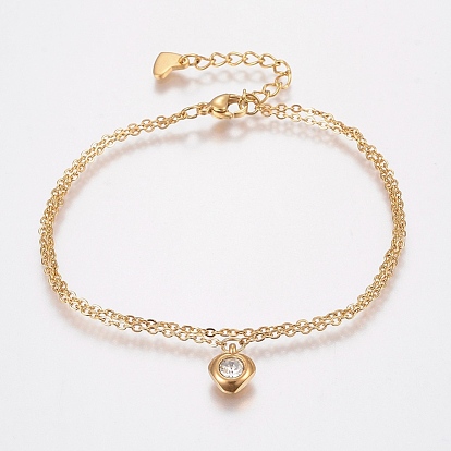 304 Stainless Steel Cable Chain Bracelets, Multi-strand Bracelets, with Rhinestone, Lobster Claw Clasps, Golden