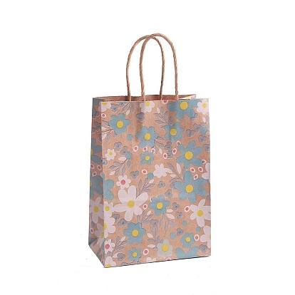 Flower Printed Paper Shopping Bags with Handle, Gift Tote, Rectangle