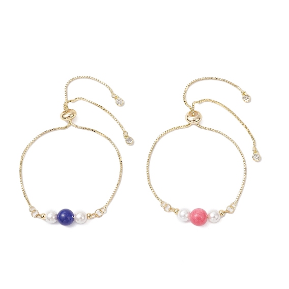 Регулируемые браслеты-слайдеры из латуни с микропаве из кубических цирконий для женщин, с натуральным халцедоном и натуральным и окрашенным малайзийским нефритом, золотые, круглые