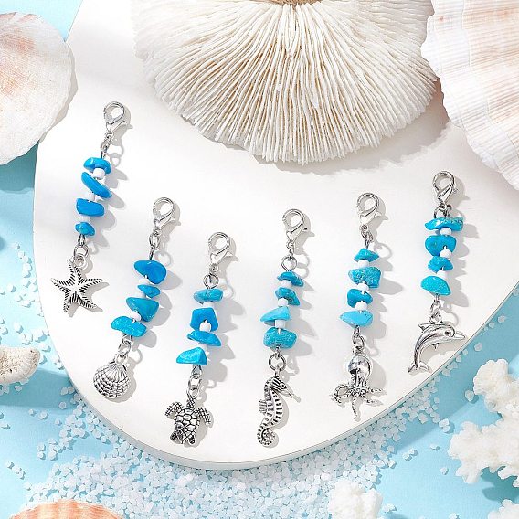 Подвесные украшения из сплава в тибетском стиле с морскими животными, с синтетической бирюзовой крошкой и стеклянными бусинами, застежками-лобстерами