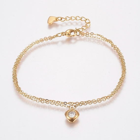 304 Stainless Steel Cable Chain Bracelets, Multi-strand Bracelets, with Rhinestone, Lobster Claw Clasps, Golden