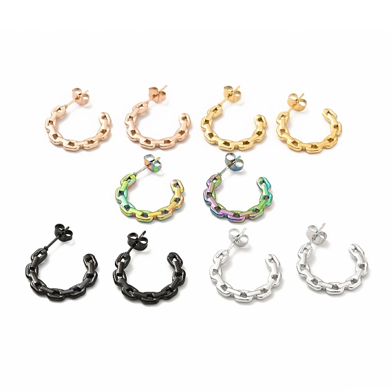 304 Stainless Steel Chain Link Shape Stud Earrings, Half Hoop Earrings for Women