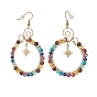 Brass Star Dangle Earrings, Gemstone Beaded Hoop Earrings, with Ear Nut, Golden, for Women
