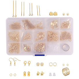 Kits de búsqueda de joyas de bricolaje, con pasadores de cabeza de hierro y pasadores de ojo y extremos plegables engarzados y extremos de cinta y ganchos para pendientes y tapas de cuentas y puntas de cuentas y anillos de salto, asistente herramienta latón, Ganchos de aleación de zinc de langosta garra