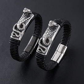 Браслеты из плетеного шнура из искусственной кожи в стиле панк, 304 Браслеты из нержавеющей стали с подвесками в виде змеи для мужчин, с магнитной застежкой