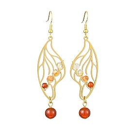 Natural Mixed Gemstone Beaded Dangle Earrings, Golden Alloy Wings Drop Earrings