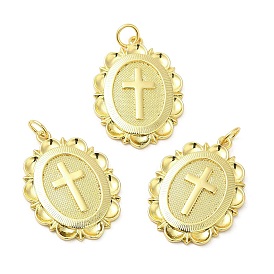 Brass Pendants, with Jump Ring, Long-Lasting Plated, Lead Free & Cadmium Free, Flat Round with Cross