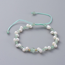 Braided Beads Bracelets, with Natural Cultured Freshwater Pearl Beads, Natural Gemstone, Brass Beads and Nylon Thread