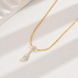 Elegant French Style Brass Pave Clear Cubic Zirconia Teardrop Pendant Necklaces for Women