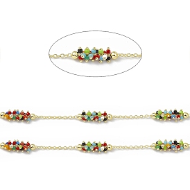Handmade Glass Seed Beaded Link Chains, with Real 18K Gold Plated Brass Cable Chains, Soldered, with Spool