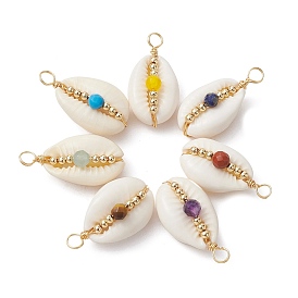 7 pcs pendentifs enveloppés de fil de cuivre en coquille de cauris naturelle, breloques en forme de coquille de chakra avec perles de pierres précieuses à facettes, or