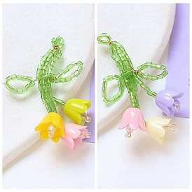 Glass Seed Braided Beaded Pendants, with Plastic Flower Beaded, Tulip Flower Charms
