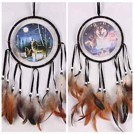 Woven Net/Web with Feather Pendant Decorations, with ABS Plastic Beads, for Home, Car Interior Ornaments, Wolf Pattern