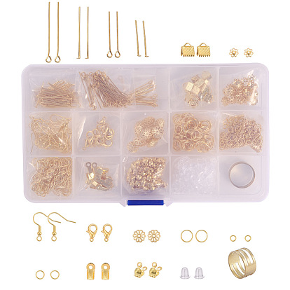 Kits de búsqueda de joyas de bricolaje, con pasadores de cabeza de hierro y pasadores de ojo y extremos plegables engarzados y extremos de cinta y ganchos para pendientes y tapas de cuentas y puntas de cuentas y anillos de salto, asistente herramienta latón, Ganchos de aleación de zinc de langosta garra