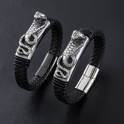 Браслеты из плетеного шнура из искусственной кожи в стиле панк, 304 Браслеты из нержавеющей стали с подвесками в виде змеи для мужчин, с магнитной застежкой