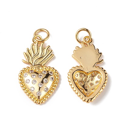 Rack Plating Brass Micro Pave Cubic Zirconia Pendants, Lead Free & Cadmium Free, Long-Lasting Plated, Sacred Heart Charm