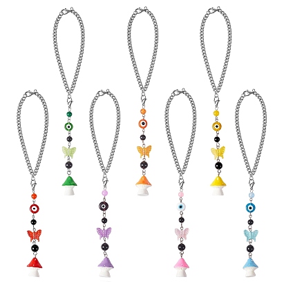 7Pcs Chakra Theme Evil Eye Butterfly Mushroom Pendant Decoration, Car Rear View Mirror Hanging Ornament, with Natural Malaysia Jade Bead & Lobster Claw Clasp