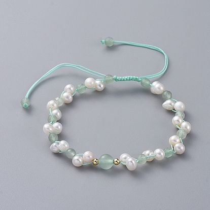 Braided Beads Bracelets, with Natural Cultured Freshwater Pearl Beads, Natural Gemstone, Brass Beads and Nylon Thread