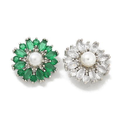 Стойка гальванопокрытие латунные кнопки с микропаве из кубического циркония, с ABS имитации жемчуга, долговечный, без свинца и без кадмия, плоско-круглые, платина, 1-луночное