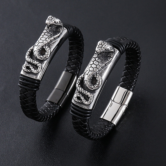 Браслеты из плетеного шнура из искусственной кожи в стиле панк, 304 Браслеты из нержавеющей стали с подвесками в виде змеи для мужчин, с магнитной застежкой