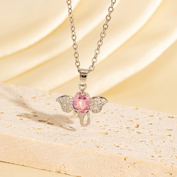 Brass Pave Cubic Zirconia Pendant Necklaces for Women, Elephant