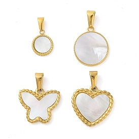 Heart/Flat Round/Butterfly Resin Imitation White Shell Pendants, Golde Tone 304 Stainless Steel Charms