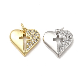 Brass Micro Pave Cubic Zirconia Pendants, with Jump Ring, Heart with Religion Cross Charm