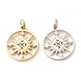 201 Stainless Steel Pendants, Flat Round with Compass