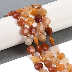 Natural Golden Silk Jade Beads Strands, Faceted Pentagonal Cut, Flat Round, with Seed Beads