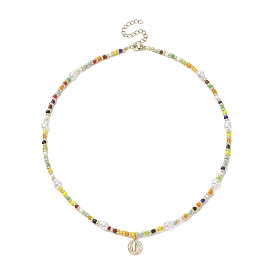 Ожерелье с подвеской из латуни святого бенедикта, ожерелье из бисера из стеклянных семян и акрилового жемчуга для женщин