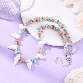 Boho-Halsketten aus natürlichen Muscheln, Larimar und gefärbten Morganit-Splitterperlen für Damen