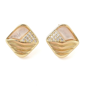 Brass Micro Pave Clear Cubic Zirconia Stud Earrings for Women, with Shell, Rhombus