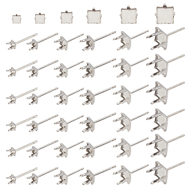 60Pcs 6 Style 201 Stainless Steel Stud Earring Settings, with 304 Stainless Steel Pin, Square