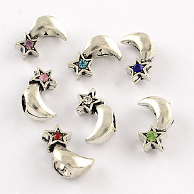 Antique Silver Plated Moon and Star Metal Alloy Rhinestone European Beads, Large Hole Beads, 17x10~11x8mm, Hole: 5mm