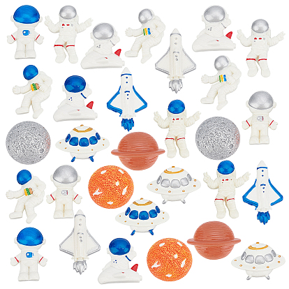 30Pcs 15 Styles Space Theme Opaque Resin Cabochons, Spaceman & Spacecraft & Space Shuttle & Half Round