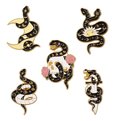 5Pcs 5 Style Snake Alloy Enamel Brooches, Enamel Pin for Backpack Clothes