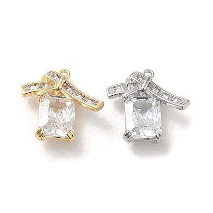 Brass with Glass Rhinestone Pendants, Rectangle with Bowknot Charms