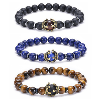 Natural Tiger Eye Crown Bracelet with Blue Matte Stone Elastic Beaded Bracelet for Men and Women